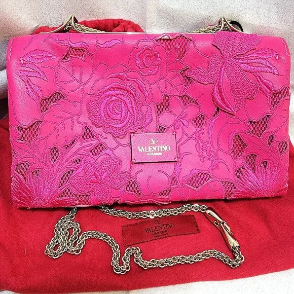 Rare VALENTINO Napa Lace Girello Flap Bag in Fuschia - Picture 3 of 16